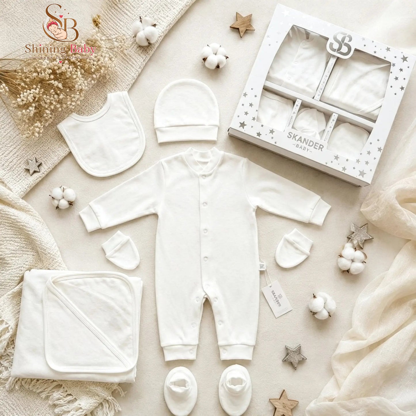 طقم مواليد 6 قطع اوف وايت سادة |Off-White Newborn 6-Piece Set